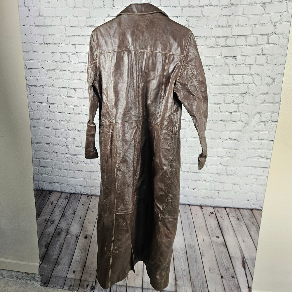Wilsons Leather Maxima Brown Leather Trench Coat Long Duster Jacket Womens Large - Picture 3 of 9